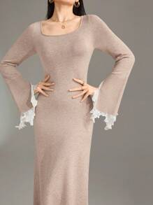 Modelyn Vestido de suéter maximalista de ajuste slim con mangas largas y parches de unicolor para mujeres