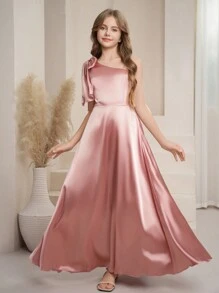 SHEIN Plus Size Girl's Satin Shiny Oversized Bow Decor One-Shoulder A-Line Long Dress, High-End Elegant Formal Gown Suitable For Wedding, Valentine's Day, Party, Prom - Pink - View 3