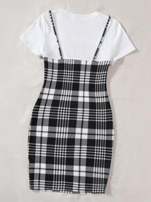 SHEIN Vestido de 2 en 1 con tirantes para adolescentes, de punto acanalado con parches florales - Blanco y Negro - Ver 2