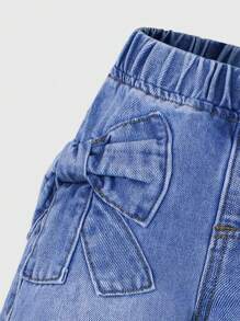 SHEIN Wildeya Young Girl All-Match Casual Cute Bow Embroidered Pocket Relaxed Straight Leg Washed Denim Jeans, Suitable For Daily Wear