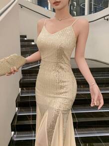 DAZY Elegante vestido midi de sirena con tirantes de espagueti de malla con lentejuelas y contraste para mujer, vestido de fiesta, vestido de sol, vestido de graduación, vestido de lujo para Año Nuevo, vestido brillante de carnaval - Rosa - Ver 5