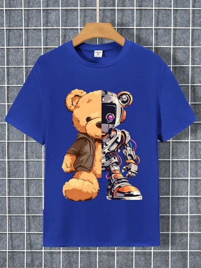 SHEIN Tween Boys Mechanical Bear Graphic Print Short Sleeve T-Shirt, Fashionable & Comfortable Clothing, Suitable As Birthday Gift, Spring/Summer