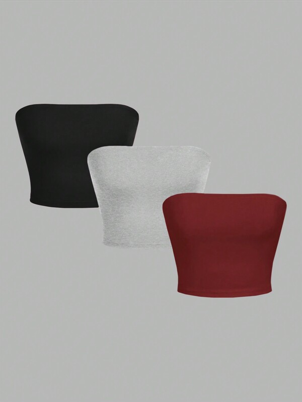SHEIN EZwear 3pcs/Set Women Bandeau Crop Top, Casual & Tight Fitting, Suitable For Summer