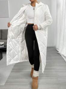 SHEIN EZwear White Woven Hooded Long Sleeve Zip-Up Long Winter Jacket For Women - White - View 6