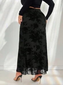 SHEIN Privé Plus Size Elegant Mermaid Hemline Knitted Flocked Fabric Stretchy Long Skirt For Women, Autumn/Winter