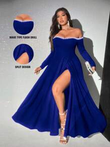 Viva Relle Vestido elegante de manga larga con hombros descubiertos, bajo con abertura y decoración de perlas para mujeres de talla grande - azul real - Ver 6
