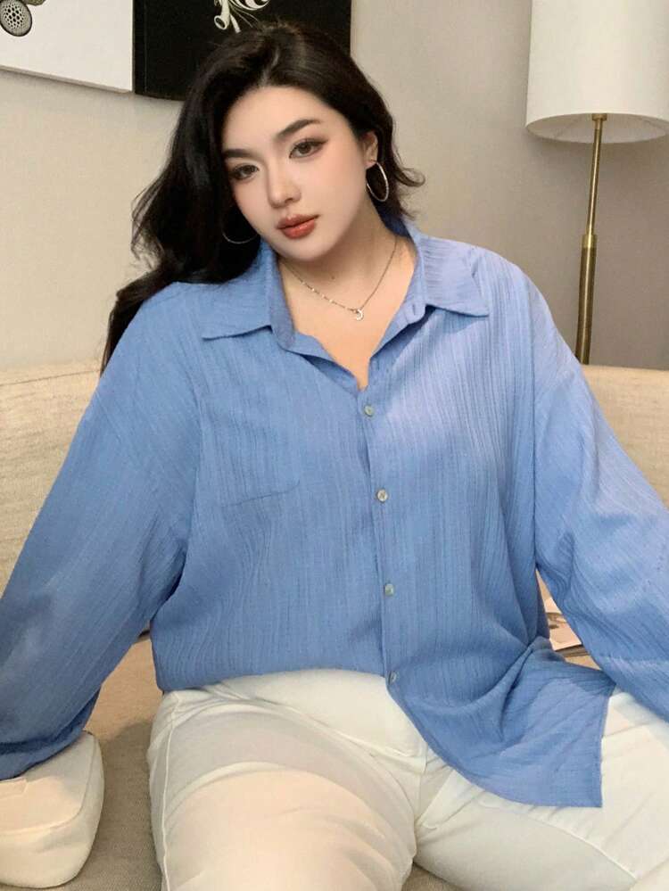 Dazy Plus Plain Collar Loose Basic Long Sleeve Shirt, Spring/Summer/Autumn,Fall Women Clothes