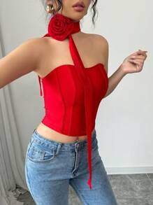 Elenzga Top corto con bandeau estilo flor de rosa, color rojo, adecuado para el Día de San Valentín, citas nocturnas, uso informal