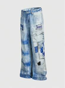 ROMWE MEN Street Life Men's Front Button Pocket Printed Simple Casual Denim Pants, Everyday Wear