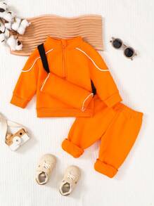 SHEIN 3 stuks baby/peuter casual sport comfortabele oranje hoodie outfit set met tas, stijlvol en trendy voor dagelijks gebruik, vakantie, school, bijeenkomsten, geschikt voor lente, herfst en winter