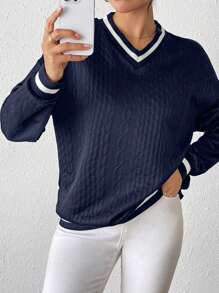 INAWLY Women's Loose Casual Colorblock Trim Sweatshirt Pullover Fall - Royal Blue - View 1