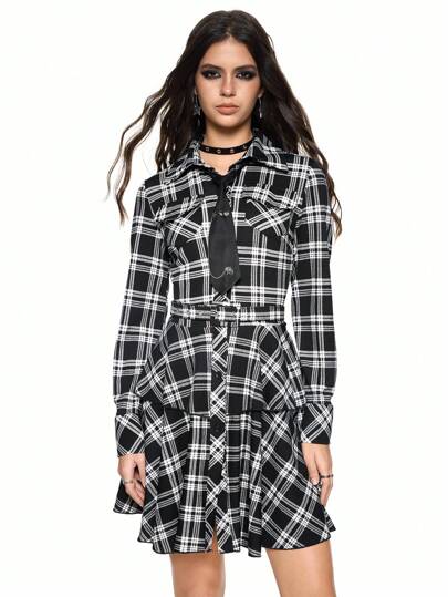 Grunge Punk Vestido minifalda ajustado de estilo universitario punk con estampado de cuadros (incluye accesorios de metal tipo corbata)