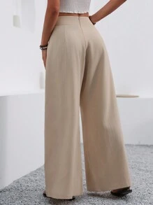 EMERY ROSE Plain Colored Wide Leg Pants With Pleats Fall Cloth For Women - Apricot - View 2