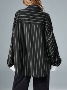 Aveloria Affinna Vintage Casual Versatile Random Contrast Striped Cuff & Color Block Design Loose Blouse, Women Spring Valentine's Day Fall Cloth For Women