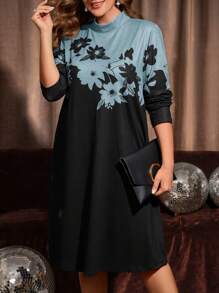 EMERY ROSE Plus Size Women Colorblock Floral Print Long Sleeve Mock Neck Midi Dress Fall Women Clothes Elegant Dress