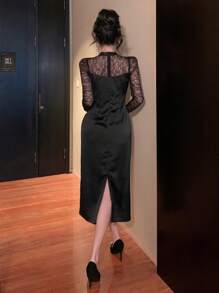 DAZY Women Casual Lace Patchwork Round Neck Long Sleeve Bodycon Black Elegant Dress Prom Dress