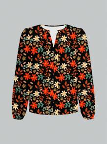 Glamance PATTERNIARY Women Black Plus Size Blouses Extra-Long Sleeve Notched Casual Plain,Plants,Floral,All Over Print Summer Outfits For Women Summer Tops Going Out