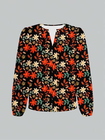 Glamance PATTERNIARY Blusas negras de tallas grandes para mujer con mangas extra largas, cuello de muesca, estilo casual, con estampados de plantas, florales o todo sobre - Conjunto de ropa de verano para salir