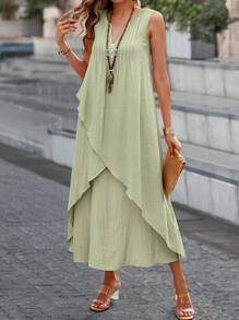 Breezaya Đầm suông đơn giản không tay cổ chữ V màu trơn cho nữ - Màu xanh Bạc hà - Xem 3