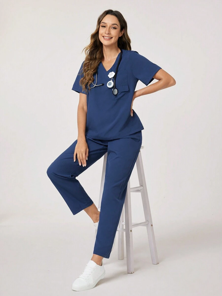 TaskEZ Solid Color Short Sleeve & Long Pants /Nursing Scrub Uniform Set - Navy Blue - View 1