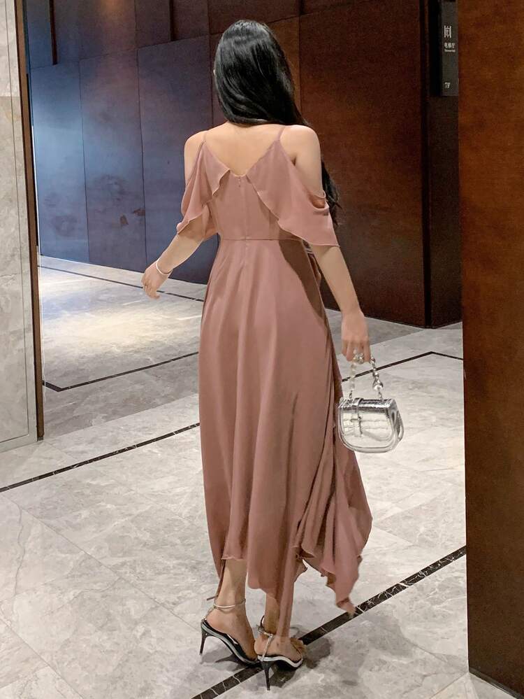 Plain V-Neck Ruffle Ruffle Hem Mid-Length Dress For Women Prom Dress Sundress,Casual Women Dresses Elegant Women Dresses