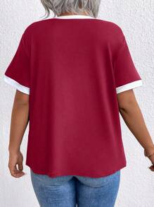 Plus Size Solid Color Patchwork Round Neck Short Sleeve Casual Top, Everyday Wear For Summer - Multicolor - View 2