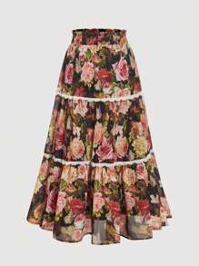 SHEIN MOD Plus Size Vintage Palace Style Floral Lace Trim Layered Skirt.
Spring And Summer Vacation Picnic Wear Midi Skirt
