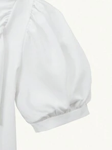 SHEIN Explorewe 两件套校服套装：短款泡泡袖衬衫和拼色百褶迷你裙，适合青春期女孩 - 黑與白 - 查看 3
