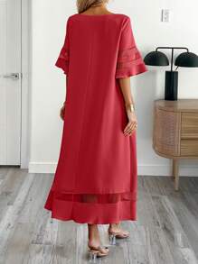 EMERY ROSE Vestido casual de mujer de unicolor con contraste de malla transparente - Rojo - Ver 2