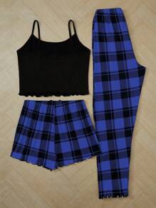 3pcs Set: Letter & Plaid Print Camisole Shorts And Pants - Multicolor - View 2