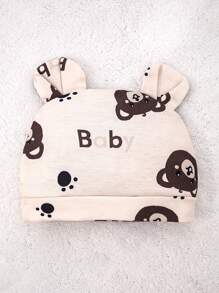 SHEIN Newborn Simple Fashion Cute Gray Bear Head Print Design Long Sleeve Romper With Long Pants And Hat, 3pcs Set Home Outfit - Multicolor - View 4