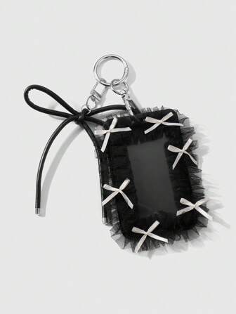 Kawaii 1 Stück Y2K Mode Gothic Stil schwarze Spitzen-Netz-Chiffon Schleife Leder Kartenetui Schlüsselanhänger, geeignet für Büromitarbeiter & Studenten, Alltagstragen & Urlaubsgeschenk