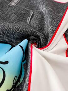 大码青少年女孩时尚字母图案牛仔喇叭裤，舒适长款紧身裤 - 灰色 - 查看 3