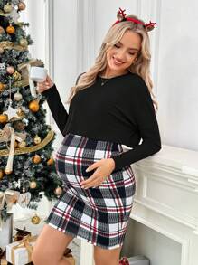 SHEIN Conjunto de 2 piezas de maternidad - Top de unicolor y falda a cuadros con cintura ajustable, otoño