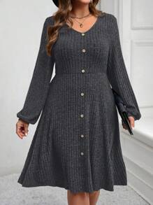 EMERY ROSE 大码女式灯笼袖纹理纽扣装饰中长连衣裙，秋季女装