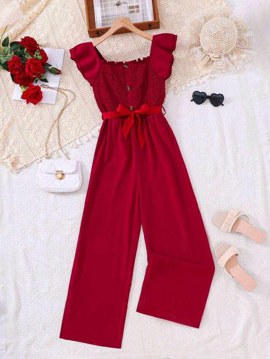 Fashionable Elegant Tie Waist Ruffle Jumpsuit For Teen Girl, Versatile, Suitable For Party Wear, Spring/Summer