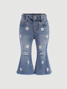 SHEIN Baby Mädchen Hose aus blauer Jeans-Cordhose mit Gänseblümchen Muster und dehnbarem Bund