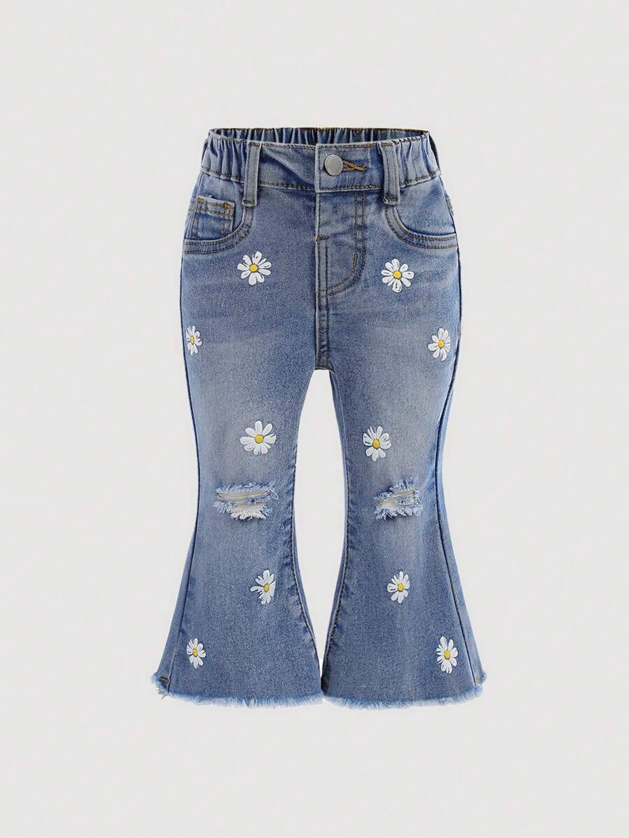 SHEIN Baby Mädchen Hose aus blauer Jeans-Cordhose mit Gänseblümchen Muster und dehnbarem Bund