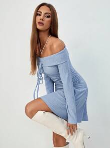 Chiquease 女式露肩收腰长袖连衣裙 - 藍色 - 查看 3