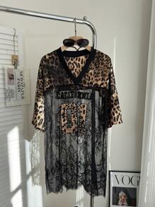 Comfortcana Plus Size Women Leopard Print Contrast Lace Top, For Summer - Multicolor - View 1