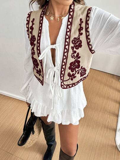 SHEIN Frenchy 女款 Rodeo 花卉图案前扣背心夹克，秋冬款