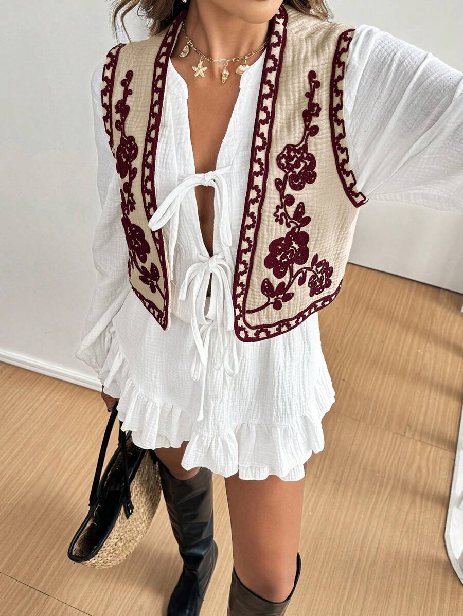 SHEIN Frenchy Women Rodeo Floral Pattern Button-Front Vest Jacket, Autumn/Winter Christmas Flower Red New Year Vacation Burgundy Casual Spring Valentine's Day - Burgundy - View 1