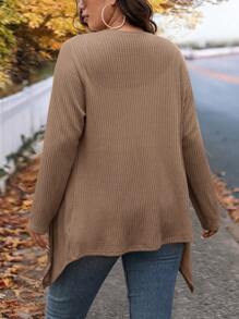 SHEIN LUNE Plus Size Winter Fashion Asymmetric Collar Design Long Knit Cardigan For Going Out And Work Fall Autumn - Khaki - View 3