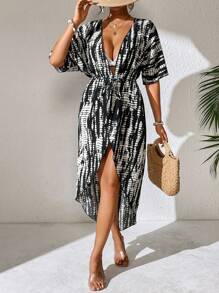 SHEIN Swim Summer Loose, Long Black And White Printed Women's Kimono Cover Up, Suitable For Vacation