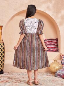 SHEIN Tween Mädchen Casual Vacation Gestreiftes & Blumen Patchwork Puffärmel Stufen Midikleid