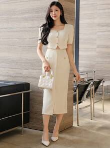 DAZY 2pcs/Set Solid Color Short Puff Sleeve Split Hem Skirt Suit Work Women Clothes - White - View 3