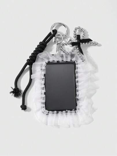 Kawaii 1 pieza Estilo gótico oscuro personalizado Y2K de línea retro, hecho a mano con cuentas de plata CCB, lazo de cinta, encaje blanco, cuerda de escalar montaña, soporte para tarjeta de identificación de estudiante/trabajo, llavero, colgante, adecuado para trabajadores de oficina, estudiantes, uso diario, regalo de vacaciones