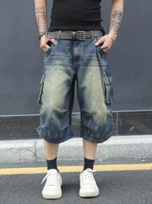 Manfinity EMRG Men's Simple Multi-Pocket Casual Denim Shorts, Everyday Wear - Blue - View 3