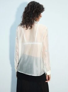 Maija Women's Apricot Shirt With Crystal Decorated Tie Collar, Button Front, Sexy Sheer Fabric, Fashionable Party/Casual Blouse, All Season Festival - White - View 3