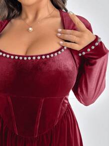 SHEIN Clasi Plus Size Women's Elegant Romantic Velvet Faux Pearl Decor Fishtail Dress - Red - View 3